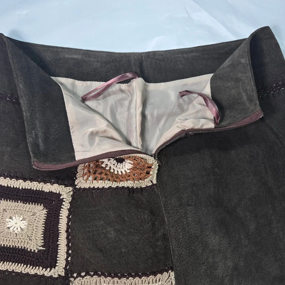Genuine leather‎ crochet mini skirt brown Sz7 lining side zipper